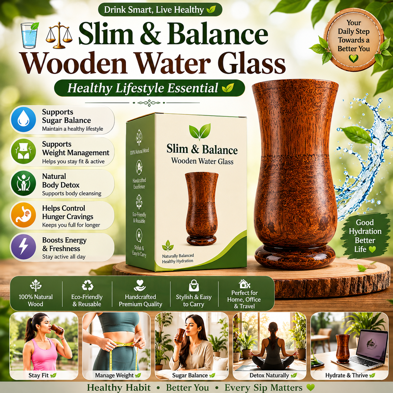Sugar Balance Wooden Glass 🪵✨ Control Your Sugar Naturally 🍃